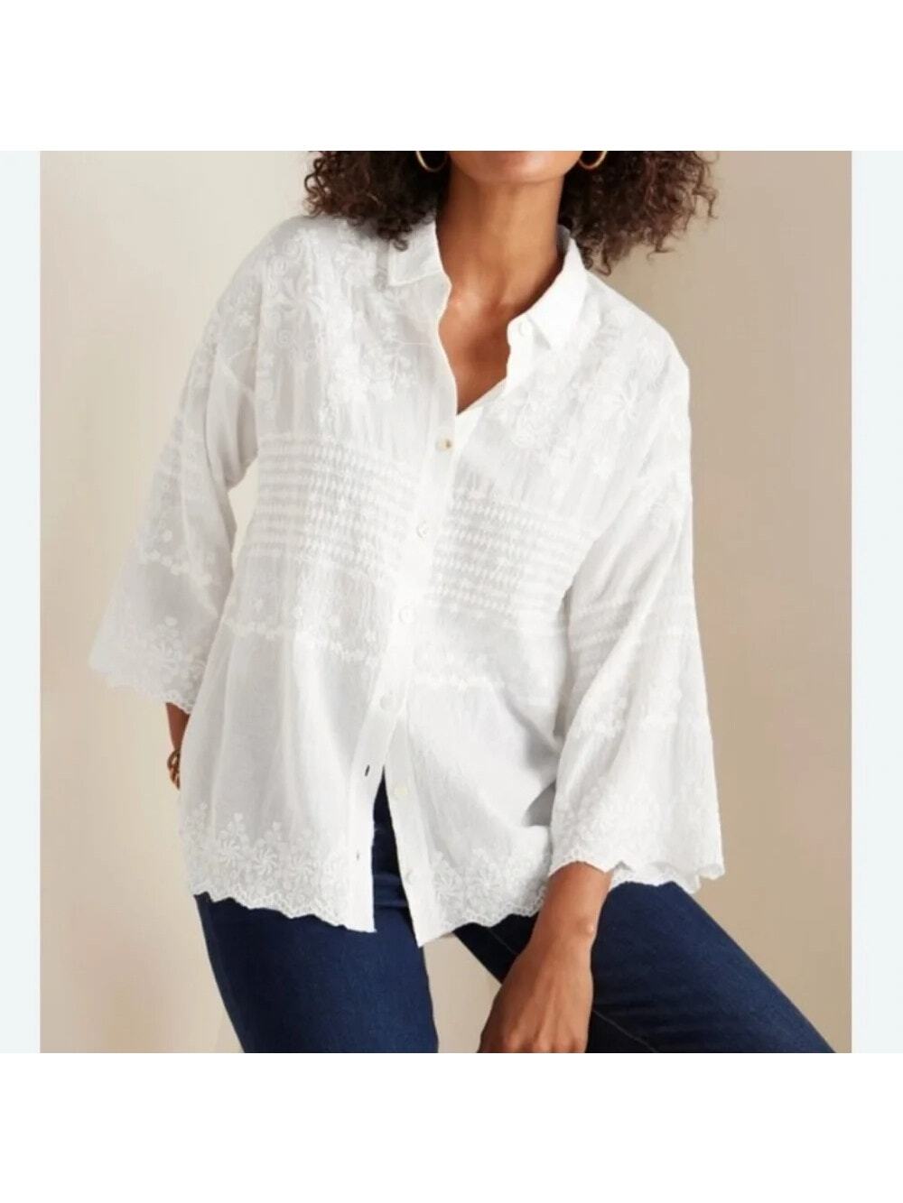 NEW Soft Surroundings Cosina White Embroidered Button Down Boho Shirt 3X